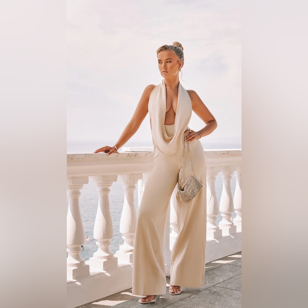 Cream Neck Drape Jumpsuit